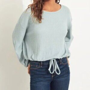 Hollister Open Back Teal Boyfriend Tie Front Waffle Knit Sweater Size Medium
